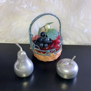 KIRK Pewter Fruit Salt Pepper + Miniature Fruit Basket Pear Apple